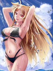 Rule 34 | 1girl, armpits, arms behind head, bikini, black bikini, blonde hair, breasts, cleavage, cloud, commentary request, day, fate testarossa, large breasts, long hair, looking at viewer, lyrical nanoha, mahou shoujo lyrical nanoha strikers, navel, ocean, open mouth, partially submerged, red eyes, sky, smile, solo, sougetsu izuki, swimsuit, very long hair, water, wet