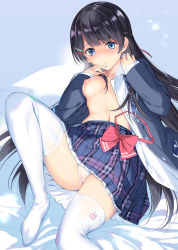 Rule 34 | 1girl, :o, bed sheet, black hair, black jacket, blue eyes, blue skirt, blush, bow, bowtie, braid, finger to mouth, hair ornament, hairclip, highres, jacket, knee up, long hair, long sleeves, looking at viewer, lying, metallican, miniskirt, navel, nijisanji, nipples, on back, one breast out, open clothes, open jacket, open shirt, panties, pantyshot, parted lips, plaid, plaid skirt, pleated skirt, red bow, shirt, skirt, sleeves past wrists, solo, tears, thighhighs, tsukino mito, tsukino mito (1st costume), unbuttoned, unbuttoned shirt, underwear, unworn bowtie, upskirt, very long hair, virtual youtuber, white shirt, white thighhighs