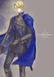 Rule 34 | 1boy, armored boots, belt, blonde hair, blue eyes, boots, cape, character name, dimitri alexandre blaiddyd, fire emblem, fire emblem: three houses, gloves, grey background, highres, male focus, nintendo, polearm, solo, spear, sword, weapon, yomi (vernala)