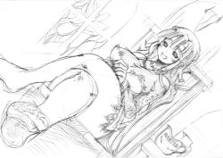 Rule 34 | 1girl, amagi michihito, barefoot, breasts, curvy, dutch angle, feet, gloves, greyscale, grin, hip focus, huge breasts, la pucelle, crossed legs, monochrome, nippon ichi, pantyhose, prier, sitting, sketch, smile, solo, thighs, wide hips