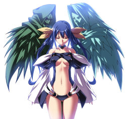 Rule 34 | 1girl, angel, angel and devil, arc system works, asymmetrical wings, blue hair, bow, breasts, demon, dizzy (guilty gear), guilty gear, guilty gear x, guilty gear xx, hair bow, long hair, navel, necro (guilty gear), red eyes, simple background, solo, tail, tasaka shinnosuke, thigh gap, underboob, undine (guilty gear), wings