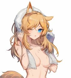 Rule 34 | 1girl, animal ear fluff, animal ears, arknights, blonde hair, blue eyes, breasts, commentary, drying, drying hair, highres, horse ears, horse girl, horse tail, long hair, looking at viewer, medium breasts, nude, one eye closed, open mouth, scar, scar on arm, simple background, solo, spacelongcat, tail, towel, towel on head, upper body, whislash (arknights), white background