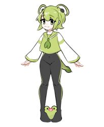 Rule 34 | 1girl, :3, black bodysuit, bodysuit, chey, closed mouth, covered navel, freckles, frog, full body, green eyes, green hair, green neckerchief, green shirt, hair rings, lily (chey), long sleeves, looking at viewer, medium hair, neckerchief, original, pigeon-toed, shirt, simple background, smile, solo, standing, tadpole tail, white background