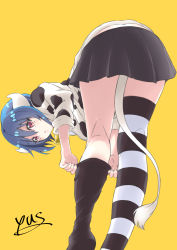 Rule 34 | 1girl, absurdres, animal print, asymmetrical legwear, bad id, bad pixiv id, bell, black thighhighs, blue hair, blush, breasts, collar, cow girl, cow horns, cow print, cow tail, hair between eyes, highres, horns, jashin-chan dropkick, large breasts, miniskirt, minos (jashin-chan dropkick), mismatched legwear, neck bell, red eyes, short hair, simple background, skirt, solo, striped clothes, striped thighhighs, tail, thighhighs, yellow background, yuuki shushu
