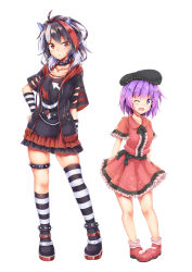 Rule 34 | 2girls, absurdres, adapted costume, ahoge, akiteru (akiteru98), alternate costume, arm warmers, arms behind back, arrow (symbol), asymmetrical legwear, beret, black collar, black footwear, black hair, black headwear, black jacket, black ribbon, black sash, black shirt, black socks, blush, breasts, collar, collarbone, commentary request, cone horns, dress, frilled sleeves, frills, full body, grey horns, hair ornament, hairclip, hand on own hip, hat, highres, horns, jacket, kijin seija, kneehighs, looking at viewer, medium breasts, miniskirt, multicolored hair, multiple girls, neck ribbon, one eye closed, open clothes, open jacket, open mouth, petticoat, pigeon-toed, pink legwear, purple eyes, purple hair, red dress, red eyes, red footwear, red skirt, ribbon, sash, shirt, shoes, short dress, short hair, short sleeves, simple background, skindentation, skirt, smile, socks, spiked collar, spikes, standing, streaked hair, striped clothes, striped legwear, striped socks, striped thighhighs, sukuna shinmyoumaru, t-shirt, thigh strap, thighhighs, thighs, touhou, uneven legwear, white background, white hair, white legwear