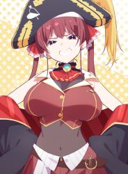 Rule 34 | 1girl, ascot, belt, black choker, black hat, breasts, brown belt, choker, cleavage, covered navel, cowboy shot, cropped jacket, fang, frilled choker, frills, gold trim, hands on own hips, hat, heterochromia, hololive, houshou marine, houshou marine (1st costume), jacket, large breasts, leather belt, leotard, leotard under clothes, long hair, long sleeves, looking at viewer, overlord (overlord80000), pirate costume, pirate hat, red ascot, red eyes, red hair, red shirt, see-through, see-through cleavage, see-through leotard, shirt, sleeveless, sleeveless jacket, smile, smug, solo, teeth, twintails, virtual youtuber, white background, yellow eyes