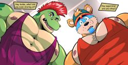 Rule 34 | 2boys, animal ears, bara, bear ears, chest tuft, english text, five nights at freddy&#039;s, foreshortening, from below, furrification, furry, furry male, glamrock freddy, gym, highres, large pectorals, looking at viewer, looking down, male focus, meme, montgomery gator, multiple boys, muscular, muscular male, nipple slip, nipples, pectoral cleavage, pectorals, photo-referenced, purple tank top, red tank top, short hair, sidepec, tank top, thick eyebrows, upper body, yur oc like this (meme), zaron (mezzmarrr)