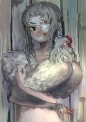 Rule 34 | 1girl, animal, bandaid, bandaid on face, bird, black eyes, blood, chicken, chimata, eyepatch, feathers, female focus, grey hair, holding, holding animal, looking at viewer, original, solo, stitches, upper body