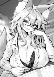 Rule 34 | 1girl, animal ear fluff, animal ears, blush, breasts, collared shirt, commentary request, fate/extra, fate (series), fox ears, fox girl, fox tail, glasses, greyscale, highres, large breasts, long sleeves, looking at viewer, monochrome, parted lips, shirt, smile, solo, tail, tamamo (fate), tamamo no mae (fate/extra), teeth, wisespeak
