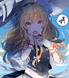 Rule 34 | 1girl, apron, bad id, bad twitter id, black hat, blonde hair, blue sky, bow, buttons, commentary request, day, hat, hat bow, kirisame marisa, long hair, looking at viewer, messy hair, nuudoru, outdoors, red ribbon, ribbon, short sleeves, sky, solo, sweat, touhou, upper body, vest, waist apron, wavy hair, white bow, witch hat, wrist cuffs, wrist ribbon, yellow eyes