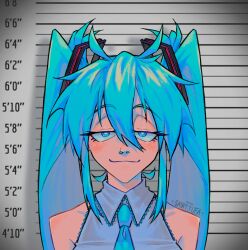 Rule 34 | 1girl, absurdres, aqua eyes, aqua hair, aqua necktie, artist name, bare shoulders, closed mouth, commentary, english commentary, grey shirt, hair between eyes, hair ornament, half-closed eyes, hatsune miku, height chart, height mark, highres, long hair, looking at viewer, mugshot, necktie, portrait, sainttufa, shadow, shirt, sleeveless, sleeveless shirt, smile, solo, straight-on, twintails, vocaloid, watermark