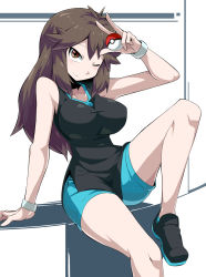 Rule 34 | 1girl, arm up, bare arms, bare shoulders, black footwear, black shirt, blue shorts, breasts, brown eyes, brown hair, closed mouth, collarbone, creatures (company), game freak, green (pokemon), hair flaps, head tilt, highres, holding, holding poke ball, knee up, large breasts, long hair, looking at viewer, nintendo, one eye closed, poke ball, poke ball (basic), pokemon, pokemon lgpe, shimure (460), shirt, shoes, shorts, sidelocks, simple background, sitting, sleeveless, sleeveless shirt, smile, solo, taut clothes, taut shirt, tsurime, white background, wristband