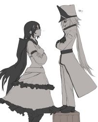Rule 34 | ..., 2girls, aged down, annoyed, belt, black hair, box, breasts, cape, caroline cordovin, cloak, closed mouth, coat, crossed arms, dishwasher1910, dress, eye contact, facing another, fang, from side, full body, glaring, gloves, greyscale, half-closed eyes, happy, hat, height difference, highres, hood, hood down, image sample, jacket, laughing, long hair, long sleeves, looking at another, looking down, looking up, maria calavera, medium breasts, military, military uniform, monochrome, multiple girls, open mouth, pants, rivalry, rwby, shoes, short hair, skirt, small breasts, smile, standing, standing on box, sweatdrop, teeth, tongue, twitter sample, uniform, white hair