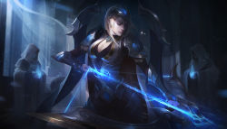 Rule 34 | 1girl, armor, arrow (projectile), blonde hair, blurry, bow (weapon), breasts, championship ashe, cloak, closed mouth, commentary, curtains, depth of field, drawing bow, glowing arrow, headpiece, highres, holding, indoors, jem flores, large breasts, league of legends, long hair, moonlight, night, profile, stairs, standing, weapon