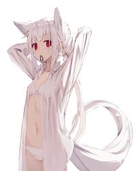 Rule 34 | 1girl, animal ears, bow, bow bra, bra, collarbone, collared shirt, fox ears, fox tail, hair tie in mouth, highres, holding, long hair, long sleeves, looking at viewer, mouth hold, nagishiro mito, navel, original, panties, red eyes, scrunchie, see-through, see-through shirt, shirt, simple background, solo, standing, tail, thighs, tying hair, underwear, white background, white bra, white hair, white panties, white tail