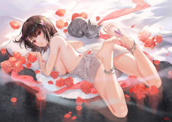 Rule 34 | 1girl, anklet, atdan, back, backless outfit, bare arms, bare back, bare shoulders, barefoot, black hair, breasts, cat, convenient leg, dress, feet, flower, grey sweater, highres, jewelry, large breasts, legs up, lily (atdan), looking at viewer, looking back, lying, meme attire, no bra, on stomach, original, petals, pillow, red eyes, red flower, rose, short hair, sideboob, sleeveless, solo, sweater, sweater dress, thighs, virgin killer sweater