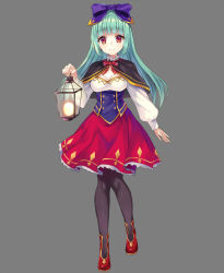 Rule 34 | 1girl, ankle boots, aqua hair, arm at side, bad id, bad pixiv id, black pantyhose, blunt bangs, boots, bow, breasts, buttons, cleavage, closed mouth, corset, double-breasted, full body, hair bow, harimoji, highres, holding, holding lantern, lantern, light, long hair, long sleeves, looking at viewer, medium breasts, medium skirt, neck ribbon, original, pantyhose, puffy long sleeves, puffy sleeves, purple bow, red-framed eyewear, red eyes, red ribbon, red skirt, ribbon, skirt, smile, solo, standing, straight hair, tareme