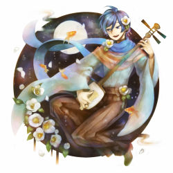 Rule 34 | 1boy, blue hair, chinese clothes, fish, flower, full body, kaito (vocaloid), male focus, nature, outdoors, sky, solo, vocaloid