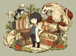 Rule 34 | 1girl, alchemy, black-framed eyewear, black hair, blunt bangs, bob cut, book, cabinet, coat, flower, flying, full body, glasses, grey background, hairband, hand on own hip, hatching (texture), holding, jar, lab coat, laboratory, liquid, maniani, monster, moss, necktie, one-eyed, open mouth, original, pointing, red eyes, red flower, red neckwear, short hair, standing, tail, teeth, tree, vial, waistcoat, yellow flower