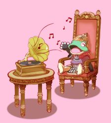 Rule 34 | 1boy, boots, closed eyes, filmia, frog, furry, furry male, male focus, music, musical note, nalrni, open mouth, phonograph, pink background, quaver, simple background, singing, sitting, solo, the legend of legacy