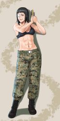 Rule 34 | 1girl, abs, azasuke, belt, boots, breasts, camouflage, eyepatch, gun, highres, jormungand (manga), long hair, military, navel, smile, sofia valmer, solo, weapon