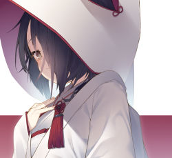 Rule 34 | 1girl, black hair, brown eyes, closed mouth, commentary request, flower knot, hair over one eye, hand on own chest, hood, hood up, japanese clothes, kimono, long sleeves, looking at viewer, original, red ribbon, ribbon, short hair, sleeves past wrists, smile, solo, tassel, tokuno yuika, two-tone background, uchikake, upper body, white kimono