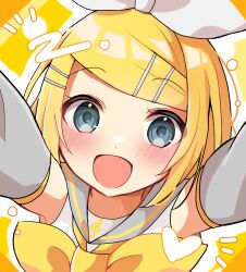 Rule 34 | 1girl, :d, aqua eyes, armpits, blonde hair, blush, bow, commentary, dani06685637224, detached sleeves, foreshortening, grey sailor collar, grey sleeves, hair bow, hair ornament, hairclip, heart, highres, kagamine rin, looking at viewer, neckerchief, open mouth, outstretched arms, reaching, reaching towards viewer, sailor collar, shirt, short hair, sleeveless, sleeveless shirt, smile, solo, swept bangs, treble clef, vocaloid, white bow, yellow background, yellow neckerchief, yellow theme