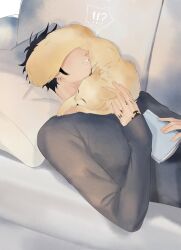 !? 1boy black_hair brown_cat cat commentary_request covered_eyes earrings goat highres holding jewelry long_sideburns long_sleeves lying male_focus on_back one_piece parted_lips pillow rami_rz short_hair sideburns sleeping solo spoken_interrobang trafalgar_law