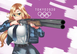 Rule 34 | 1girl, 2020 summer olympics, belt, black skirt, blonde hair, bomber jacket, breasts, eyelashes, eyes visible through hair, gun, highres, holding, holding weapon, hornet (kancolle), jacket, kantai collection, large breasts, long hair, necktie, olympic rings, olympics, purplecat, rifle, safety glasses, shirt, skirt, weapon, white shirt