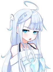Rule 34 | 1girl, ahoge, amatsuka uto, annoyed, blue bow, blue eyes, bow, dress, hair behind ear, huge bow, indie virtual youtuber, looking to the side, off-shoulder dress, off shoulder, open mouth, silver dress, solo, two side up, upper body, virtual youtuber, white background, wing hair ornament, yoako