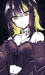 Rule 34 | 1girl, black background, black choker, black hair, black shirt, blonde hair, choker, closed mouth, earrings, frilled shirt, frills, glaring, highres, idolmaster, idolmaster shiny colors, ikaruga luca, jewelry, limited palette, looking at viewer, medium hair, midriff, mimoe, multicolored hair, navel, pale skin, shirt, simple background, sketch, solo, two-tone hair, upper body, yellow eyes
