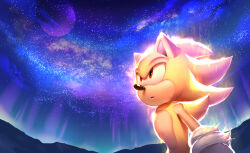 Rule 34 | 1boy, animal ears, animal nose, artist name, aurora, blue sky, furry, furry male, gloves, gradient sky, hedgehog, hedgehog ears, highres, looking up, male focus, mountain, night, night sky, open mouth, outdoors, planet, purple sky, red eyes, shira-hedgie, sky, solo, sonic (series), sonic the hedgehog, standing, star (sky), starry sky, super sonic, tongue, white gloves, yellow fur