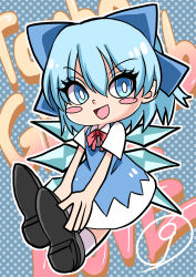 Rule 34 | 1girl, :d, absurdres, black footwear, blue background, blue bow, blue dress, blue eyes, blue hair, bow, bowtie, breasts, chibi, circled 9, cirno, dress, full body, hair between eyes, hair bow, highres, looking at viewer, mahoro (minase mahoro), medium hair, open mouth, pinafore dress, polka dot, polka dot background, red bow, red bowtie, shirt, shoe soles, shoes, short sleeves, sleeveless, sleeveless dress, small breasts, smile, socks, solo, touhou, v-shaped eyebrows, white shirt, white socks, wings