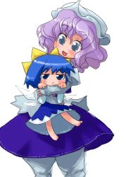 Rule 34 | 2girls, :&lt;, blue eyes, blue hair, blue skirt, blush, bored, bow, carrying, chibi, cirno, female focus, hair bow, hat, height difference, hug, ice, ice wings, juliet sleeves, letty whiterock, light purple hair, long sleeves, multiple girls, pants, pants under skirt, puffy pants, puffy sleeves, short hair, simple background, skirt, tao, tao (kadoya), touhou, wavy hair, white hat, white pants, wings, yellow bow