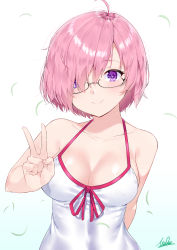Rule 34 | 1girl, 9nojo, ahoge, bare arms, bare shoulders, breasts, cleavage, collarbone, commentary request, fate/grand order, fate (series), glasses, hair over one eye, highres, light purple hair, looking at viewer, mash kyrielight, mash kyrielight (swimsuit of perpetual summer), medium breasts, official alternate costume, one-piece swimsuit, pink ribbon, purple eyes, ribbon, short hair, signature, smile, solo, swimsuit, upper body, v, white one-piece swimsuit