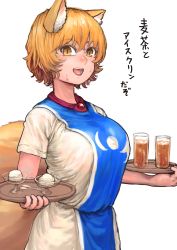Rule 34 | 1girl, absurdres, animal ears, blonde hair, blush, breasts, chanta (ayatakaoisii), cup, dessert, dress, drink, drinking glass, food, fox ears, fox tail, gem, highres, huge breasts, ice cream, iced tea, japanese clothes, looking at viewer, multiple tails, open mouth, short hair, simple background, smile, speech bubble, spoon, sweat, tabard, tail, touhou, tray, white background, white dress, yakumo ran, yellow eyes