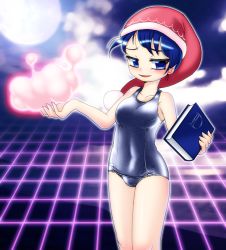 Rule 34 | 1girl, blue eyes, blue hair, blush, book, breasts, commentary request, doremy sweet, dream soul, glaring, hat, jitome, looking at viewer, nightcap, school swimsuit, shiny clothes, short hair, smile, solo, standing, swimsuit, touhou, winn