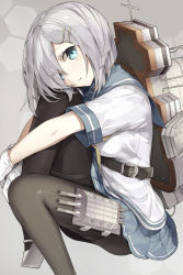 Rule 34 | 10s, 1girl, black pantyhose, blue eyes, gloves, gradient background, hair ornament, hair over one eye, hairclip, hamakaze (kancolle), hugging own legs, kantai collection, looking at viewer, machinery, pantyhose, school uniform, serafuku, short hair, short sleeves, silver hair, solo, thighband pantyhose, white gloves, www (artist)