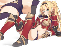 Rule 34 | 1girl, armor, black panties, blonde hair, blush, braid, breasts, cleavage, commentary request, crotch, french braid, gauntlets, gluteal fold, granblue fantasy, greaves, grin, hair intakes, hairband, knees up, large breasts, long hair, looking at viewer, lying, multiple views, on back, panties, pauldrons, red armor, shiseki hirame, shoulder armor, sidelocks, simple background, smile, twintails, underwear, white background, zeta (granblue fantasy)