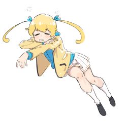 Rule 34 | 1girl, black footwear, blonde hair, blue hoodie, closed eyes, facing viewer, fugota6509, full body, hand on own arm, highres, hood, hoodie, jacket, kirarigaoka middle school uniform, kiratto pri chan, kneehighs, leaning to the side, loafers, long hair, long sleeves, moegi emo, open clothes, open jacket, open mouth, pleated skirt, pretty series, ribbon, school uniform, shoes, simple background, skirt, sleeping, socks, solo, twintails, white background, white skirt, white socks, yellow jacket