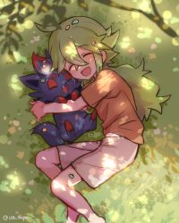 Rule 34 | 1boy, :d, affectionate, aged down, ahoge, blush, brown shirt, closed eyes, creatures (company), from above, game freak, gen 5 pokemon, grass, green hair, hair between eyes, happy, long hair, lying, male focus, n (pokemon), nintendo, on side, open mouth, pokemon, pokemon (creature), pokemon bw, shirt, short sleeves, shorts, smile, t-shirt, un tapoi, watermark, zorua