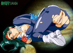 Rule 34 | 1girl, anus, blue eyes, boots, breasts, breasts out, censored, earrings, female focus, fingerless gloves, gloves, green hair, headband, jewelry, jupiter (planet), makibi kiyone, nipples, open clothes, open shirt, pussy, pussy juice, shirt, solo, space, tenchi muyou!, torn clothes, uniform