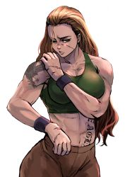 Rule 34 | 6maker, abs, absurdres, breasts, brown hair, brown pants, green eyes, green tank top, hand on shoulder, highres, large breasts, long hair, muscular, muscular female, pants, scar, scar on face, scar on hand, shoulder tattoo, simple background, tank top, tattoo, white background, wrist cuffs
