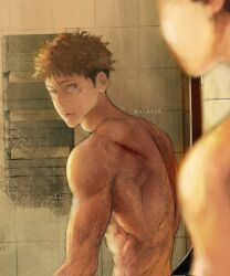 Rule 34 | 1boy, back, bathroom, blurry, closed mouth, depth of field, expressionless, highres, indoors, itadori yuuji, jujutsu kaisen, looking at mirror, male focus, mirror, muscular, muscular male, qxq illus, reflection focus, short hair, solo, tile wall, tiles, twitter username, undercut