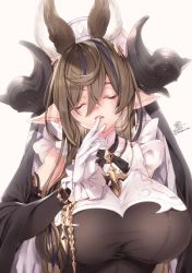 Rule 34 | 1girl, 218, animal ears, breasts, brown hair, closed eyes, detached sleeves, frills, galleon (granblue fantasy), gloves, granblue fantasy, hair between eyes, horns, large breasts, long hair, pointy ears, solo, very long hair, white gloves