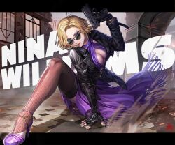Rule 34 | 1girl, anklet, blonde hair, box (hotpppink), breasts, cleavage cutout, clothing cutout, fingerless gloves, fishnet thighhighs, fishnets, gloves, gun, high heels, holding, holding gun, holding weapon, jacket, jewelry, leather, leather gloves, leather jacket, medium breasts, nina williams, short hair, sunglasses, tekken, tekken 8, thighhighs, weapon