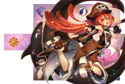 Rule 34 | 1girl, anchor, bare shoulders, black gloves, black hat, blush, commentary request, fingerless gloves, from behind, gloves, guilty gear, hat, long hair, looking back, may (guilty gear), one eye closed, oro (sumakaita), pirate, pirate hat, pointing, red hair, shorts, skull and crossbones, smile, solo, yellow eyes