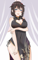 Rule 34 | 1girl, absurdres, ahoge, alternate costume, bare shoulders, blue eyes, blush, braid, breast hold, breasts, brown hair, china dress, chinese clothes, cleavage, clothing cutout, dress, hair ornament, hairclip, heart, heart-shaped pupils, heart cutout, highres, kantai collection, large breasts, long hair, looking at viewer, open mouth, saku (kudrove), shigure (kancolle), shigure kai ni (kancolle), single braid, smile, solo, symbol-shaped pupils