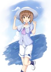 Rule 34 | 10s, 1girl, adjusting clothes, adjusting headwear, alternate costume, ame., blush, brown hair, casual, cloud, collarbone, hands up, hat, highres, kantai collection, neckerchief, open mouth, sailor collar, short hair, shorts, sky, solo, standing, standing on one leg, water, whale, yukikaze (kancolle)