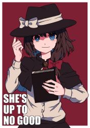 Rule 34 | 1girl, absurdres, adjusting clothes, adjusting headwear, black hat, black skirt, blue eyes, book, bow, brown hair, buttons, capelet, closed mouth, commentary request, english text, fedora, fingernails, hair ribbon, hand up, hat, hat bow, highres, holding, holding book, impact (font), index finger raised, light smile, long sleeves, looking at viewer, nal (naru-1), necktie, pentagram, red background, red necktie, red ribbon, ribbon, shirt, short hair, side ponytail, skirt, solo, standing, touhou, two-tone background, upper body, usami renko, white background, white bow, white shirt